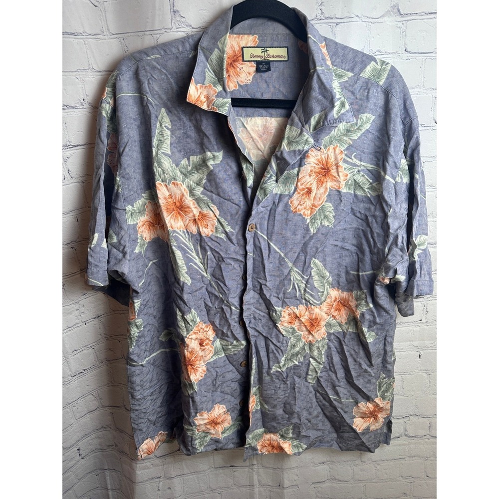 Tommy Bahama Silk Hawaiian Shirt Floral Tropical Button Up Blue Mens M